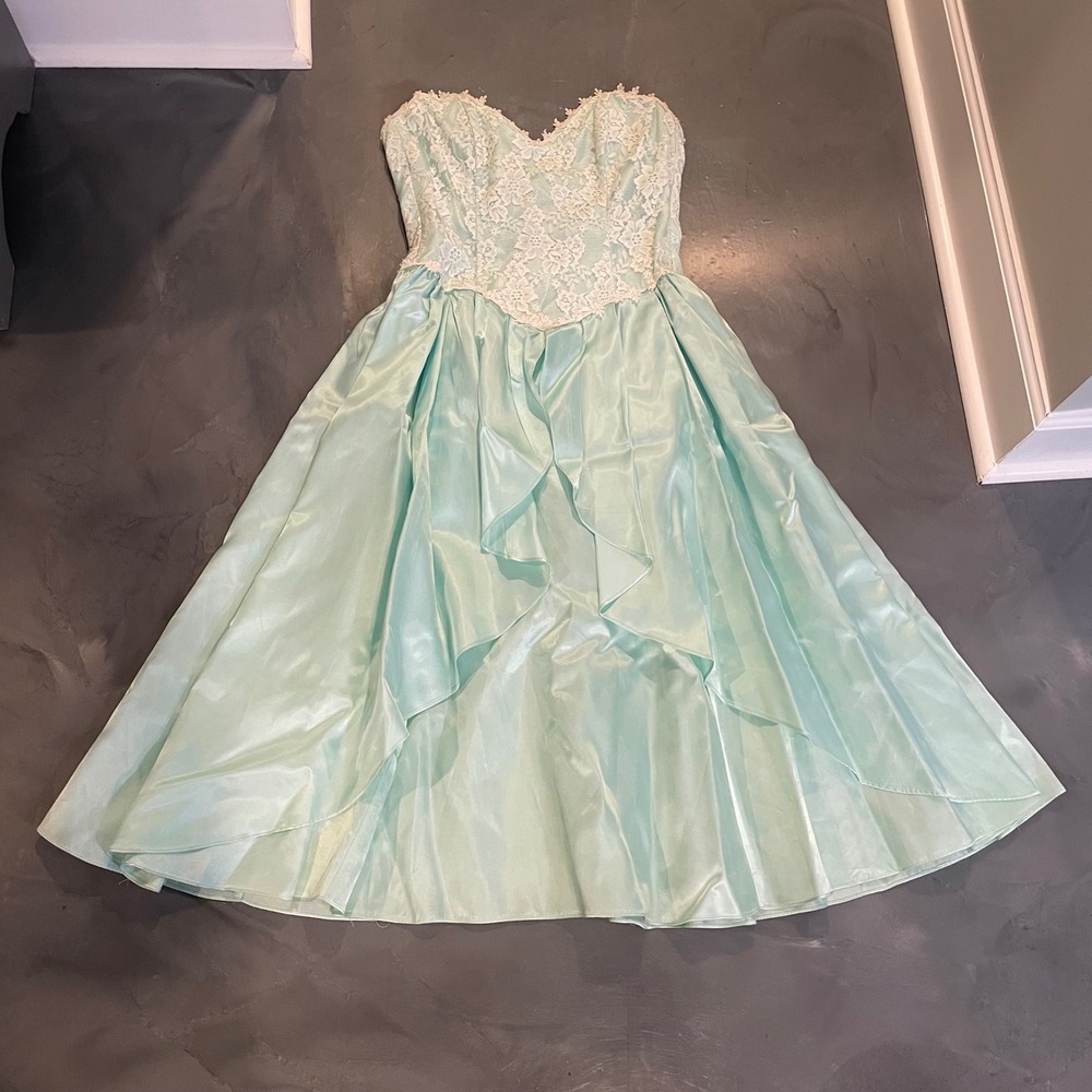VTG Gunne Sax‎ Jessica McClintock Aqua Lace Corset Midi Dress 9 Sweetheart READ